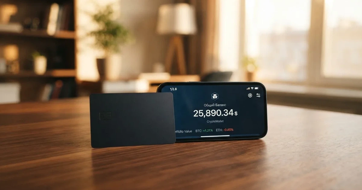 Платёжная карта рядом с телефоном, на экране криптокошелёк